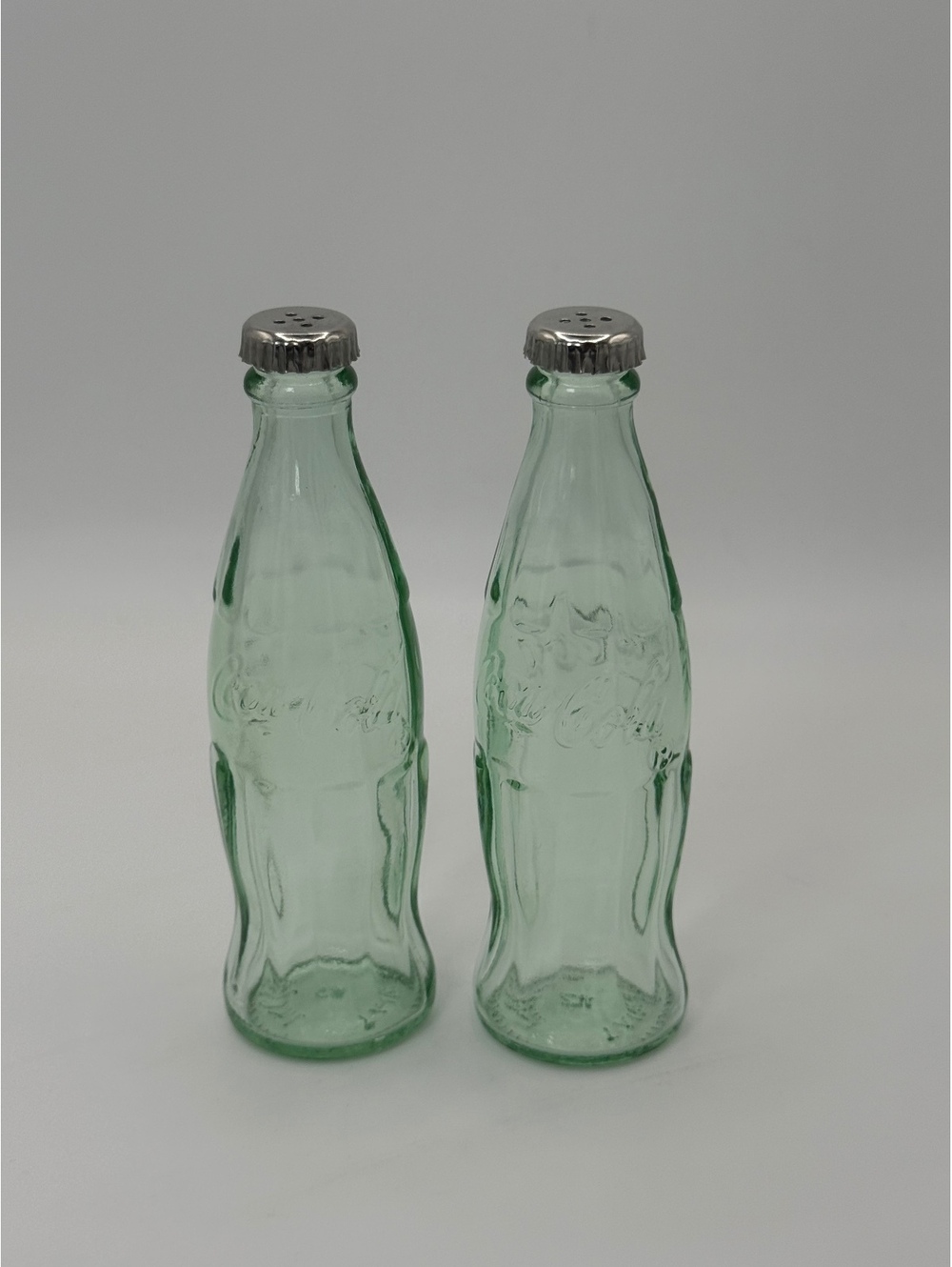 Vintage Coca-Cola Bottle Salt Pepper Shakers Green Glass Mini Pair, Cute